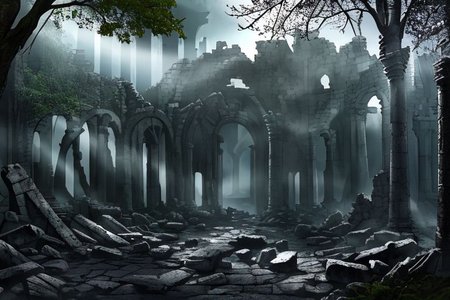 (masterpiece:1.2), (best quality,:1.2), 8k, HDR, ultra detailed, ((photorealistic)), professional light, cinematic lighting, fashion photography, ambient lighting,<lora:detail_slider_v4:3>, sinister ruins in a dark forest, FanRu <lora:FantasyRuins-10:0.7>, epiCPhoto