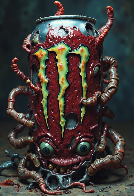 A large 24oz can of Monster Energy Drink and it's logo anthropomorphize as a creepy creature with arms, claws, fangs and (giant eyes:1.5). The arms and legs burst out from the metal can and the eyes amd mouth can be seen from jagged torn holes in the can.