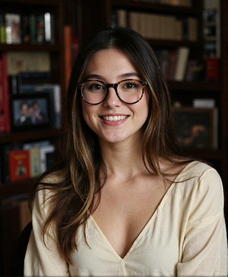 A cinematic, naturalistic portrait of a young woman in a cozy vintage bookstore, radiating warmth and nostalgia. She has long, dark-blonde hair with a soft shine, cascading over her shoulders, catching the subtle overhead light. Her radiant, youthful face features smooth skin, a natural blush, and a warm, cheerful smile. Oversized tortoiseshell glasses frame her large, expressive eyes, adding a charmingly intelligent and approachable vibe. The lenses reflect soft light, enhancing the realism and depth of her gaze. She wears a simple yet elegant creamy blouse with a subtle V-neckline, complementing the relaxed atmosphere. Behind her, a slightly blurred background of vintage books and magazines adds depth, with earthy tones and a soft, grainy texture evoking a 1990s film aesthetic. Dim, warm lighting creates a serene and intimate mood. Captured in a candid moment mid-smile, she exudes genuine warmth and timeless charm. The composition blends soft focus, natural colors, and subtle lighting for a beautifully nostalgic and inviting visual. <lora:iPhonePhoto2:0.867>,  <lora:Flux_Skin_Texture:0.865>, <lora:amateurphoto-6version:1>, <lora:jj_Flux:1> ,<lora:fur_detailer_v1:1>