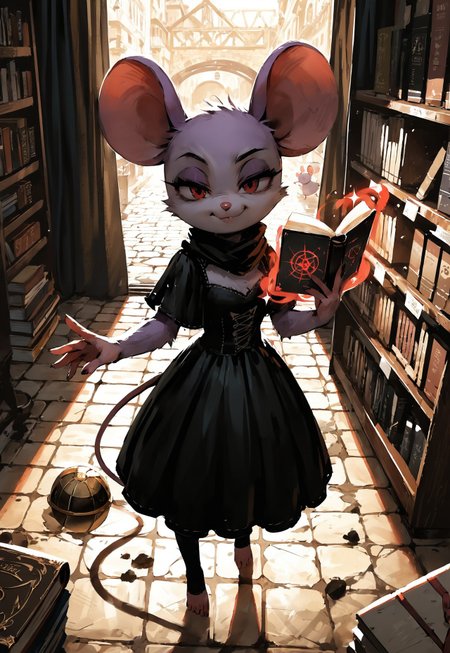 score_9, score_8_up, score_7_up, embedding:urn:air:pony:embedding:civitai:332646@509253, detailed background, concept art, realistic, dark theme, low light, solo, bald, perfect face, (fur along side:1.3), perfect fingers, (torso shot),  (anthro mouse girl), thinking, toes, red eyes, fluffy:0.8, (black scarf), dynamic pose, (mouse tail:1), perfect tail, standing beside table, ((holding books)), (floating crystal ball), table, ((magic store background)), magic spell, black gothic dress, light purple fur, bottomless, smug, coy look, cobblestone wall, stacks of books on the floor, curtains, casting spell, broom against wall, dynamic pose, from above, 