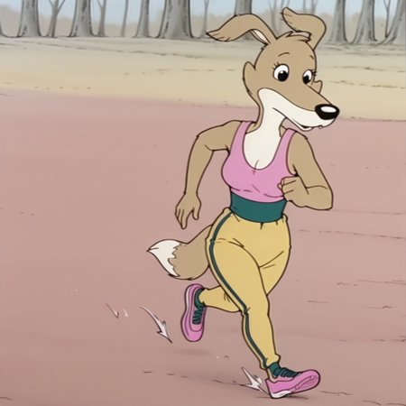 masterpiece, best quality, amazing quality, daisybbil, semi-anthro, female, dingo, brown fur, black eyes, tail, pink tank top, green waistband, yellow pants, green stripe, pink and green shoes, jogging, in woods, solo,