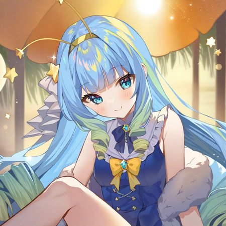 by teffish, jelly hoshiumi, 1girl, 2D anime, solo, blush, smile, blue eyes, very long hair, blue hair, small breasts, drill hair, blunt bangs, green hair, star (symbol), gradient hair, short antennae with stars on the ends, yellow bow, star hair ornament, yellow hairband, hair ornament BREAK
(one piece bathing suit:1,5), wearing a parka:1.5),relaxing, beach, sea, sunny day  <lora:Jelly_Hoshiumi_XL:1>