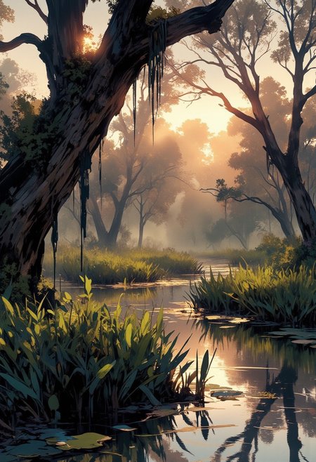 Mh1$AgThS2, intricate linework with expressive contrasts, soft lighting with dynamic highlights, a subtropical Florida bayou, Florida wetlands, mist, dawn, no humans, In the style of ff-td