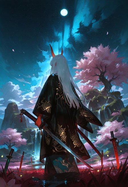 masterpiece, best quality, good quality, newest, highres, absurdres, volumetric lighting,gradient color,
BREAK 
raytracing, volumetric lighting, ambient occlusion, girl, luminescent background, masterpiece, best quality, very awa, absurdres, 
BREAK
Aka-Oni, oni, colored skin, (red skin:1.3), straight horns, solo, long hair, model style,
evil eyes, evil, bullying, sinister, 
BREAK
masterpiece,amazing quality,best quality,ultra-detailed,8K,illustration,CG,shiny hair,clear skin,ultra-detailed-eyes, background,cute girl, eyelashes
BREAK,
black haori, overcoat, japanese clothes, cherry blossoms, mountains, meadows, scenery, blue skies, clouds, summer, bosstyle, chinese dragon, fantasy, night, starry sky, light particles, fireflies, moon, waterfall, facing away, holding sword, planted sword, katana, hands on sword,cinematic, epic, official art, bloom,