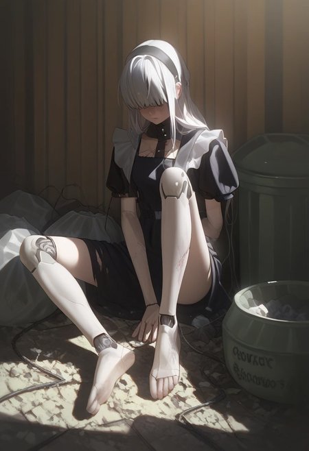 abbystea style, detailed,masterpiece,score_9,score_8_up,score_7_up,score_6_up,1girl,female, solo,anime,white hair, long hair,blue eyes,metal skin,wire,(cracked skin),melancholy,joints,android,mechanical parts,dark,sitting,trash bag,trash,slums,dirty,clutter,sad,barefoot,poverty,catharsis,cracked face, fullbody, sunlight,black dress, maid outfit, puffy sleeves,source_anime, outdoors, sad face, close up, ripped clothes, large breasts, hands, wires, clothing cutout, postapocalypse, greenery, covered eyes, blindfold
