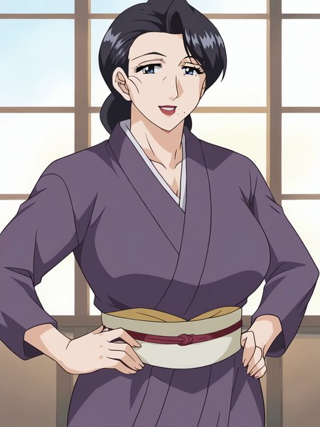 <lora:Sumie-Nikuyome:1>,sumie,1girl,solo,black hair,mole under mouth,lipstick,mature female,blue eyes,breasts,purple kimono,cowboy shot,hands on own hips,looking at viewer,smile,indoors