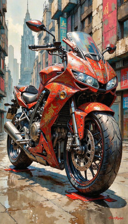 watercolor style,ARCHSLRA,a hand-drawn sketch and watercolor style,drk,intense opalescent inlay style, A hyperrealistic depiction of a crimson cyberpunk motorcycle, adorned with inscrutable kanji and esoteric markings. Render the machine with meticulous detail, emphasizing its sleek, predatory lines and imposing presence. Employ a low-angle shot to accentuate its power, with a shallow depth of field to draw the viewer's gaze towards the intricate machinery. Bathe the scene in the warm, diffuse glow of an urban afternoon, with the fading sunlight casting long shadows across the pavement. The backdrop should hint at a bustling cityscape, a tapestry of neon signs and towering chrome structures, blurred yet evocative.  The motorcycle dominates the foreground, a monument to technological prowess in a world on the cusp of transformation.