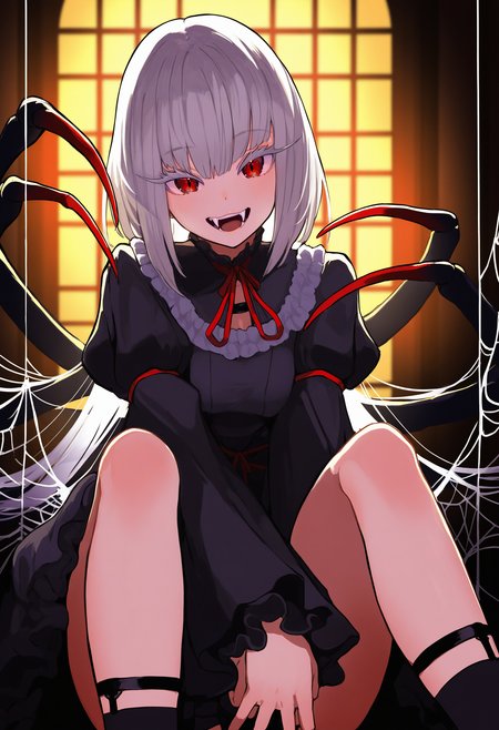 by [lansane|ekrea jan|bell orgel|diyokama|yoneyama mai|lam|fuzichoco],
1girl, arthropod girl, silk, spider girl, frilled dress, grey hair, long hair, long sleeves, monster girl, open mouth, fangs, puffy sleeves, red eyes, smile, solo, spider web, wide sleeves, dress, socks, black dress,
long eyelashes, colored eyelashes, looking at viewer, knees up,
dark, backlighting, indoors,
masterpiece, best quality, very awa, absurdres
<lora:noobai_epred_11_monster_girls_v1:1>