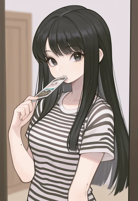 masterpiece, best quality,  <lora:Alpaca:1> 4lp4c4,  1girl, solo, mole, long hair, shirt, striped, holding, upper body, looking at viewer, bangs, short sleeves, black hair, black eyes
