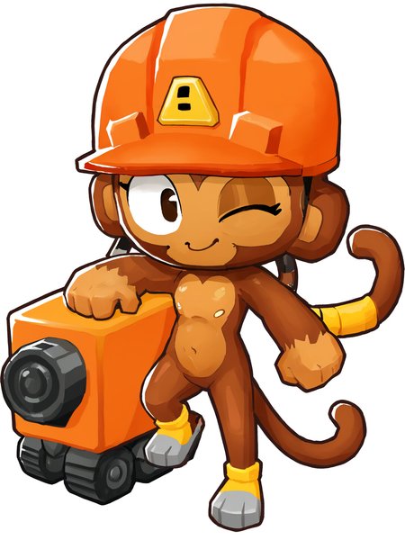 parody,highres <lora:btd6.v3:0.9> furry, monkey, btd6, no nose, tail, white background,brown skin,1girl,smile, looking at viewer, enginerer, hard hat,wink,orange helmet,