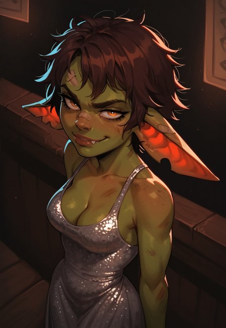 score_9, score_8_up, score_7_up, score_6_up,  goblin, green skin,  medium breasts, nightclub background, bar, night, flirty, g0thicPXL, tomboy, brown hair, messy hair, sequined dress, silver dress, side view, glowing, cleavage focus, smirk, (shortstack:0.5), skinny, toned body, torn dress, notched ear, from above, bandaid, dirty, smudges