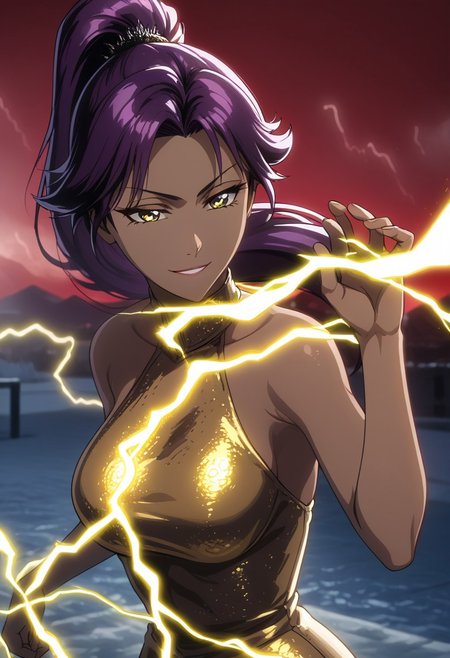 long hair, black pupils, purple hair, ponytail, dark skin, dark-skinned female, high ponytail, yellow eyes, high ponytail, high definition, detailed eyes, TiteKuboStyle, TiteKuboAnimeStyle, BleachTybwStyle, vslinxbleachtybw
OUTFIT:
gold dress. highly detailed,, long black gloves, highres, high quality, best quality, volumetric lighting, UHD, skin texture, skin detail, high quality skin, highly detailed.
BEHAVIOR:
mature female, dutch angle, beautiful face, portrait, medium breasts, body surrounded by electric discharges, arms open, blood on face, dancing, solo, aura, high angle, sexy smirk, narrowed eyes.
BACKGROUND:
ice, frozen city, very cold, very steam, storm, volcanoes, eruptions, dark atmosphere, chain lightning,yellow electricity,  electrocution, yellow lighting, big moon, red sky, night day, darkness.