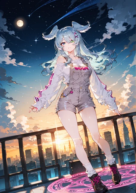 zPDXL3 Real score_9, score_8_up, score_7_up, score_6_up source_anime, highly detailed, sharp, intricate details, rating_safe rating_sensitive, rating_explicit, masterpiece, best quality, good quality, bright eyes light particles lens flare amazing quality, very aesthetic, very awa, absurdres, newest,
<lora:yoneyamaiXLNBVP1lokrV6311PZ:0.5>, <lora:thick_eyelashes_illustrious_20K:0.5>
<lora:nhl-001:0.4> nhl-001 film grain multicolored background  <lora:ponyv4_noob1_2_adamW:0.4>
medium breasts, dynamic pose, dynamic angle,
optical illusion, ssambatea, quasarcake, Fishine, arutera, soresaki, reoen, sanbonzakura, askzy, negative space, see-through, made of, neon light, detailed background,
niji-pendora,large breasts,heterochromia,green eye,symbol pupils,+_+,blue-green hair,streaked hair,head wings,long hair,hair ornament,x hair ornament,hair over one eye,covered one eye,
niji-pendoracos1,grey overalls,short overalls,white sweater,long sleeves,sleeves past fingers,sleeves past wrists,single off shoulder,white socks,short socks,
outdoors, fantasy, scenery, sky, cloud, starry sky, moon, night, fantasy, night sky, city, building, cloudy sky, cityscape, sunset, tower, shooting_star, magic circle,
<lora:niji-elira:0.7>
