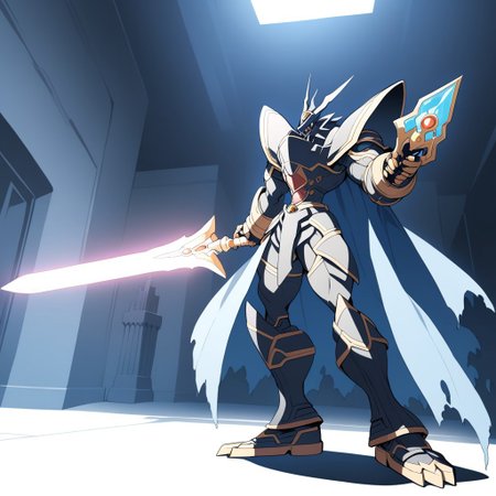 score_9, score_8_up, score_7_up, rating_safe,newest,makoto shinkai,1990s_(style),retro anime,1boy,solo,alphamon,digimon,masterpiece,detailed,best quality,safe,cape,standing,full body,energy sword,holding sword,hdr,dof,moonlight greatsword,indoors,castle
