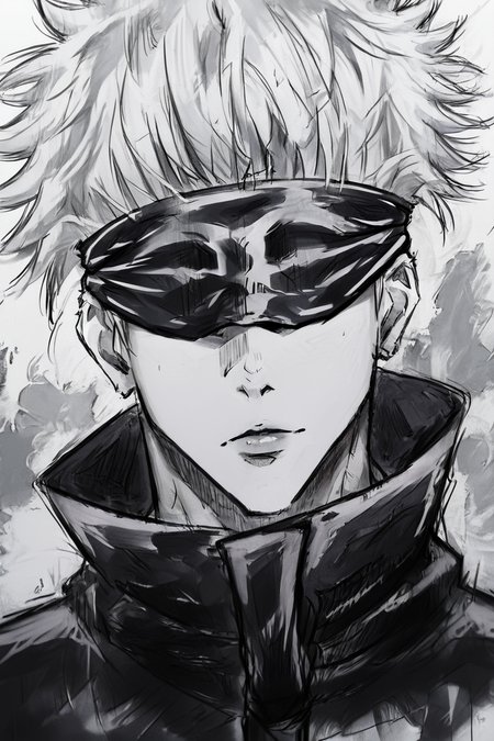 score_9, score_8_up, score_7_up, score_6_up, score_5_up, score_4_up,<lora:GojoSatoruPony:0.8> SatoruGojo, white hair, high collar, blindfold, covered eyes, black blindfold, purple jacket, pants, <lora:drawing_style_pony:0.8>, drawing_style, drawing, sketch, 1boy, looking at the viewer, solo, alone, lines drawing, monochrome, greyscale, masterpiece, highres