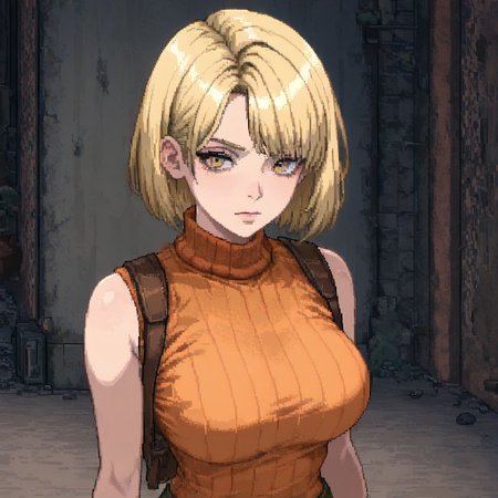 masterpiece, best quality, newest, absurdres, highres, PCSVIL-V1.0, pixel art, 1girl, ashley graham (resident evil), blonde, orange shirt, blonde hair, orange sweater, 
sleeveless, sleeveless sweater, sleeveless tutrleneck, turtleneck, short hair, curtained hair,