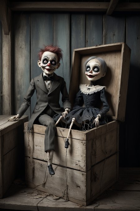 A ventriloquists dummy,old and eerie,emerging from a weathered wooden box in a spooky attic,adorned with vintage marionettes and cobwebs,inspired by the whimsical and macabre style of Mab Graves. Create a hauntingly beautiful and detailed image,using soft and eerie lighting,with a focus on capturing the intricate details of the ventriloquist's expression and the decaying surroundings. Utilize high-quality digital art tools for a mesmerizing and chilling final result.,<lora:luxart:0.6>,