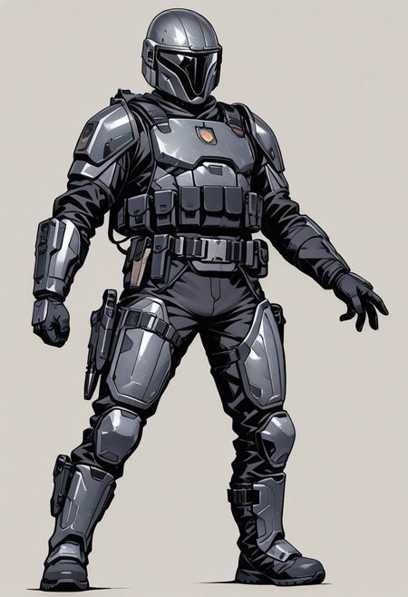 score_9, score_8_up, score_7_up, masterpiece, best quality, very aesthetic, detailed face, (dynamic:1.1), partial illumination, thick linework, illustration, 1male, muscular, black body suit, gray armor, belt, holsters, pouches, tactical knife, sheath, blaster carbine, heavy armor, solo, simple background, shoulder crest, full body view, boot knife, tactical gear,