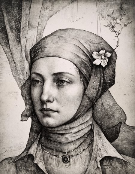 Art by Marina Richterova. A black and white, engraving from a portrait camera angle, about a portrait of a woman wearing a headscarf with a flower in her hair, from a profile camera angle. the image is a close-up, focusing on the subject's face and upper body. the subject, a woman, appears to be in her early twenties, with a serious expression and parted lips. she is facing the viewer, looking slightly to the side, with her eyes looking straight into the distance. her hair is styled in a long, wavy manner, and she has a small, delicate flower tucked into her head. her facial features are detailed and her expression is serene. the background is a plain, textured surface with a subtle gradient of light to dark tones, adding to the overall sense of depth and dimensionality of the image.