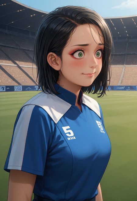 score_9, score_8_up,score_7_up, source_anime, 1girl, solo, <lora:trllsdr_pdxl_EliPot:1> swtrsu, medium hair, black hair, green eyes, mature female,makeup, v-shaped eyebrows,
flustered, blushing, wide eyes, looking down, hand on back of head, nervous smile,
in a stadium, grass field , audience,