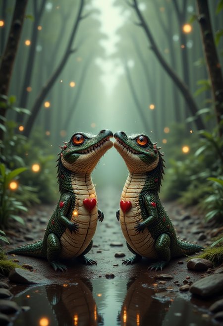 aidmaLOVEboost, aidmadalle3 , aidmaimageupgrader, a realistic digital art featuring a couple of crocodiles kissing each other lovingly