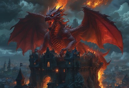 High resolution ultra-realistic of dragon breathing fire, A gigantic red dragon, perched atop the highest tower of a gloomy castle, wide shot, burning village below the castle, wet oily shiny scales, 8k resolution concept art portrait by Greg Rutkowski, Dark Ages, Artgerm, WLOP, Alphonse Mucha dynamic lighting hyperdetailed intricately detailed Splash art trending on Artstation triadic colors Unreal Engine, 5 volumetric lighting, Cinematic Lighting, intricate, smooth, sharp focus digital painting, Asymmetrical Balance, hyperdetailed painting, dynamic lighting <lora:detailed_notrigger (1):1> <lora:sdxl_lightning_2step_lora:1>