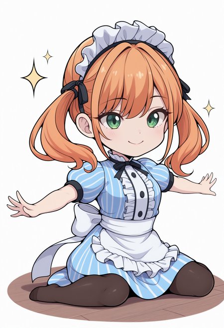 masterpiece, best quality, 1girl, solo, Tsuk1sh1maRiho, green eyes, orange hair, long hair, twintails, maid headdress, black ribbon, striped dress, blue dress, center frills, puffy short sleeves, white apron, pantyhose, lineart, sitting, on floor, smile, sparkles, spread arms, chibi, meme, thick lines, simple background, white background, <lora:ChamTsukishimaRihoNoob:1>