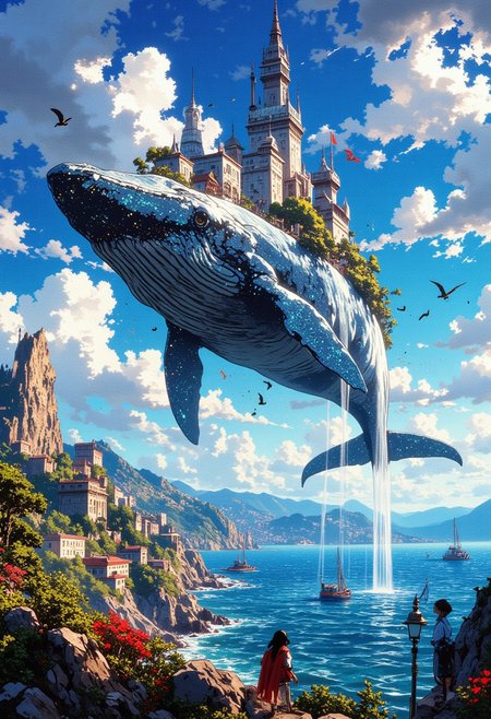 A colossal, ethereal whale drifts through the sky, carrying an entire futuristic city on its back. The whale’s sleek body shimmers with bioluminescent patterns, while waterfalls cascade from the edges of the floating metropolis. Below, a lush coastal town with overgrown buildings and vibrant greenery stretches toward the horizon, bathed in warm sunlight. The sky is a brilliant blue, scattered with fluffy clouds and flocks of birds soaring alongside the massive creature. The scene blends elements of fantasy and futuristic architecture, evoking a sense of wonder and serenity.