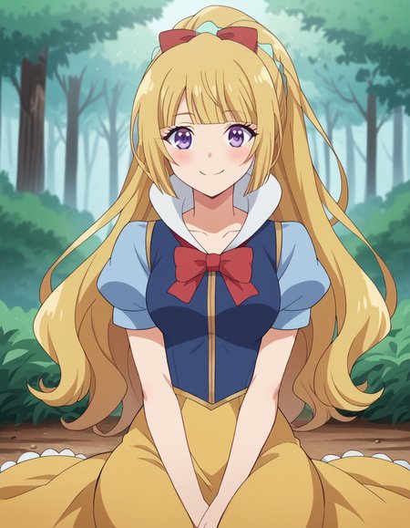 score_9, score_8_up, score_7_up, source_anime, keikaruizawa, <lora:kei-karuizawa-anime-s2-ponyxl-lora-nochekaiser:1>, kei karuizawa, long hair, bangs, blunt bangs, purple eyes, blonde hair, hair ornament, ponytail, scrunchie, blue scrunchie, medium breasts,, <lora:snow-white-cosplay-ponyxl-lora-nochekaiser:1>, snow white cosplay, snow white (disney) (cosplay), cosplay, dress, hair bow, puff and slash sleeves, puffy short sleeves, puffy sleeves, red bow, short sleeves, skirt, yellow skirt,, forest, sitting, smile, blush, apple,, cowboy shot,