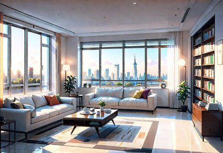 ((front view)), Shallow scene, ((animation style)), modern-style interior, with white walls, (large windows), a  study, Sofa, coffee table, bookcase, single wall, 
warm light morning sun, ((City high-rise building scenery)), (clear sky)