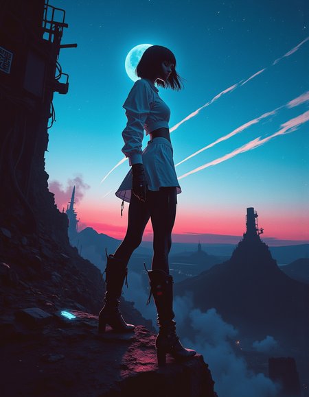 A dramatic, high-fashion figure stands in a dark environment illuminated by soft, cool blue lighting, casting faint shadows. The model has a striking, futuristic appearance with a sharp, angular black bob hairstyle. . . The lower half consists of sleek black leggings or pants, seamlessly transitioning into high-heeled boots, accentuating their tall, elongated stance. (super detailed, breath taking, best quality. Side view. Close up. an abandoned alien spaceport, a dark starry sky. Gloomy black and red tones, dirty, dim light. .Zev Bellinger, a woman with light blue hair makes a long jump from the edge of the spacecraft forward down onto a black space flyer in the form of an insect. He looks at the flyer and screams. She is (fully dressed), wearing (a white one-piece short dress) and heavy black boots on her feet. wide hips. The skin is stained with machine oil, (hair and dress move freely in zero gravity). Dynamic posture, in motion, partially lubricated ends of legs and arms, expression. There's smoke all around. In the background, black mountains and remnants of space structures on the horizon, a pink sunrise gradient, a blue planet, white contrails of rockets in the sky. The depth of field, the composition of the frame according to the rules of the golden ratio, is cinematic, a masterpiece... ),  sense of control and mystery. The background is minimalist, a gradient of shadowy blue tones, amplifying the ethereal and futuristic ambiance of the scene. The overall composition feels cinematic, blending high fashion with a science fiction aesthetic. cyberpunk
