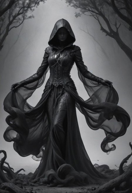 Completely black screen, absolutely nothing, pure black, detailed, but the Pythia rises from the shadows, her form cloaked in tattered rags of ashen gray, each thread whispering tales of forgotten sorrow, FastNegativeV2, gloom