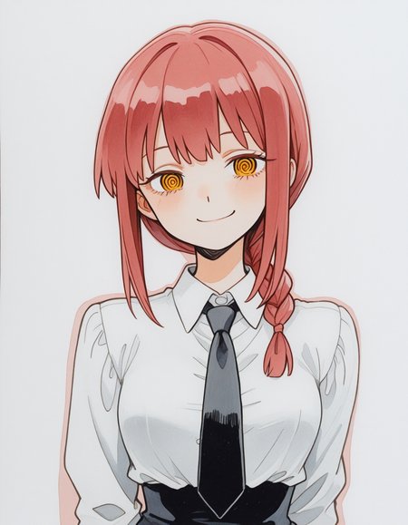 watercolor, traditional watercolor style, paper texture, 

1girl, bust shot, looking at viewer, short red hair, single braid, @_@, makima, slight smile, uncanny smile, 

blouse, necktie, 