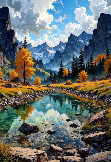 Canadian Rocky Mountains – Autumn Valley & Golden Trees
"A breathtaking valley in the Canadian Rockies, surrounded by towering, rugged peaks. The valley floor is covered in golden aspen trees, their leaves shimmering in the crisp autumn breeze. A reflective glacial lake mirrors the dramatic mountains above, while a herd of elk grazes peacefully in the distance, adding life to the serene wilderness."