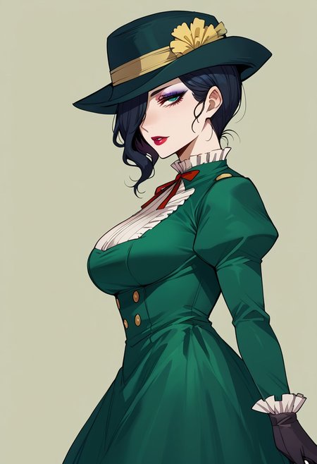 score_9,score_8_up,score_7_up, 1girl, large breast, mayonesh, hat, black hair, medium hair, hair over one eye, makeup, lipstick, green dress, puffy sleeves, black gloves, thigh gap, thighs, anime, looking at viewer, Long Skirt, thin lips, side view,