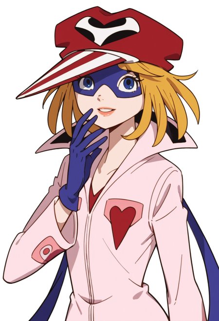 1girl, solo, yatterman2, pink jumpsuit, hat, blonde hair, blue eyes, mask, gloves, parted lips, smile, looking at viewer, white background, score_9, score_8_up, score_7_up, score_6_up, score_5_up, score_4_up, best quality, masterpiece, source_anime, <lora:Ai_Kaminari__Ai-chan__Yatterman-2_Yatterman__YattÄman_19771979:1>
