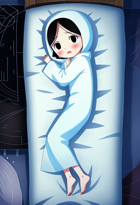 zPDXL3, source_cartoon, Perfect Hands, full body,
1girl, solo, aged down, bedroom, looking at viewer, saoirse, black hair, black eyes, blush, ghost, hood up, robe, barefoot, glowing, lying on bed, from above, lying on side, facing at viewer, feeling cold, eyes open, crying sadly, fear, open mouth, sleeve past wrist, slim body, long body, highlight cloth wrinkle, anime style,
<lora:Perfect Hands:1>  <lora:Saoirse_-_The_Song_of_the_Sea-000009:1>