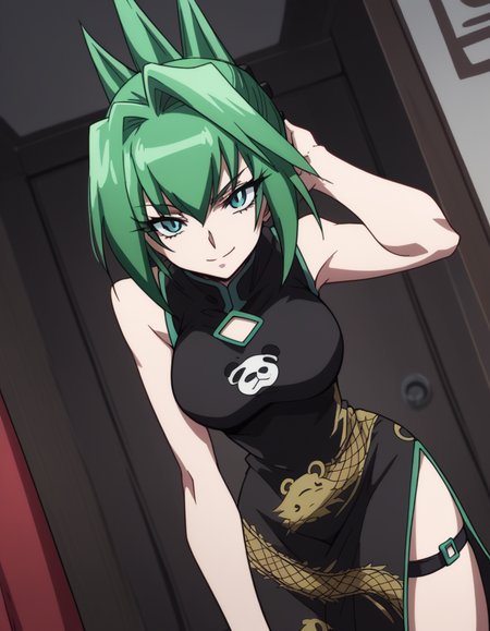 score_9, score_8_up, score_7_up, source_anime,
juntao, <lora:jun-tao-2021-s1-ponyxl-lora-nochekaiser:1>,
jun tao, green eyes, green hair, hair between eyes,
animal print, bear print, black dress, china dress, chinese clothes, dress, air, hip vent, panda print, side slit, sleeveless, sleeveless dress, thigh strap,
indoors, bent over, smile,
looking at viewer, cowboy shot, solo, dutch angle