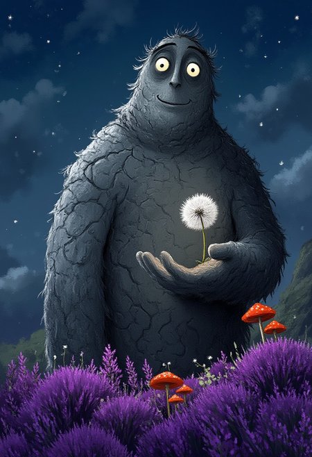 A whimsical illustration of a towering stone giant with cracked rocky skin in dark whimsical art style, gently holding a single glowing dandelion in his massive hand, among purple lavender and luminous mushrooms, digital painting with rough brushstrokes showing textured stone and delicate flower, twilight mountain background, characteristic Tim Burton inspired design with deep crystal eyes gazing at tiny bright flower