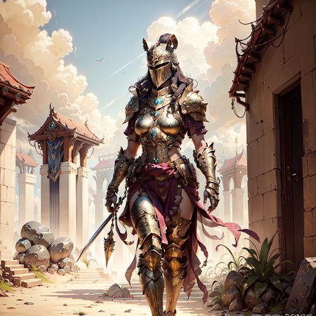 <lora:bronzepunkai2:.55> bronzepunkai, girl, bronze jewelry, , outdoors, full  body shot,  armor, closed helmet