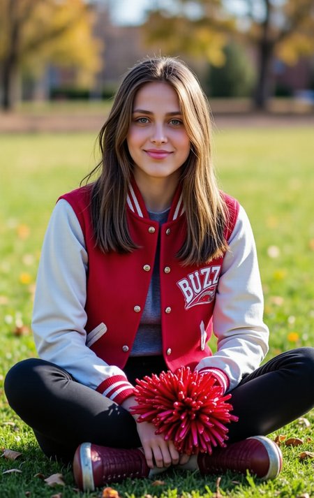 Wearing a classic varsity jacket with 'BUZZ' stitched on the back, 18-year-old woman sits cross-legged on a school football field with pom-poms in her lap, giving a sweet but mischievous smile to the camera; warm sunlight, shallow depth of field, looks like a yearbook photo with a wink of flirt