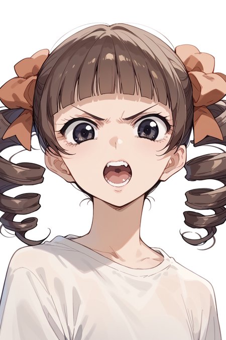 score_9, score_8_up, score_7_up, score_6_up,
 <lora:Touko_Matsudaira:1> touko, 1girl, solo, open mouth, drill hair, brown hair, bangs, looking at viewer, black eyes, twin drills, blunt bangs, teeth, v-shaped eyebrows, parody