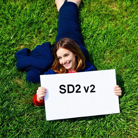 A woman lying on the grass holding a sign saying "SD2 v2"