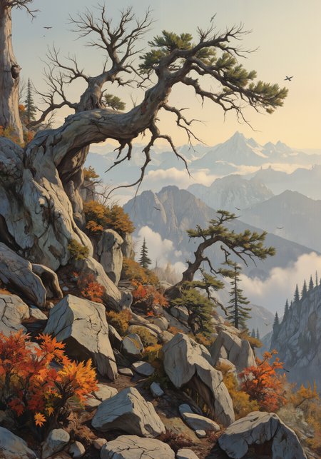 Ancient bristlecone pines, gnarled and twisted, stand sentinel on a rocky mountainside, their weathered bark illuminated by the soft glow of dawn. Wisps of morning mist curl around their contorted branches, creating an ethereal atmosphere. The forest floor is carpeted with vibrant orange and red autumn leaves, punctuated by clusters of hardy alpine flowers. Golden sunlight filters through the sparse canopy, casting long shadows and highlighting the texture of the craggy terrain. In the distance, snow-capped peaks loom, their silhouettes barely visible through the thinning fog. A lone eagle soars above, its wingspan impressive against the pastel sky. Intricate details of lichen and moss cling to the ancient wood, telling stories of centuries past. 8k resolution, masterpiece, hyper-realistic, breathtaking composition. <lora:Hand v2:0.9> <lora:aidmaGothGirl-FLUX-V0.1:0.3> <lora:Comic book opus 3:1.0> <lora:Semi-realisticPortraitPainting:1.0> <lora:flux_dev:1>