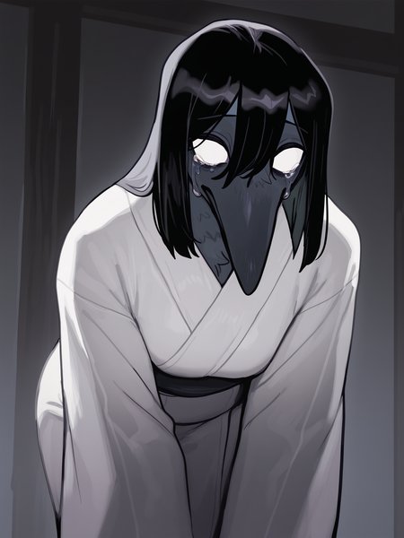 (masterpiece, best quality, very aesthetic, absurdres, artist:bebebebebe, )1girl, female, solo:1.4 (crow, corvid, beak, anthro, furry:1.4) (grey feathers, black hair short hair, straight hair:1.3) (empty eyes, blind, no irises, tears, crying, white sclera, white eyes,:1.2) (white kimono, robe, leaning forward:1.1) <lora:Bebebebebe_Style_Ill_V2:1>