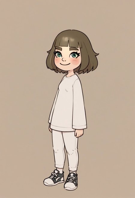score_9, score_8_up, score_7_up, rating_safe, 
d4rkpurp, 
small nose, blush, white pants, smile, white skin, green-ish brown hair, sneakers, green eyes, female mii, fringe, mii, cute, brown eyebrows, long hair, small breasts, wii u, 1girl, white clothing, Millie_(\Wii_Sports_Club\)