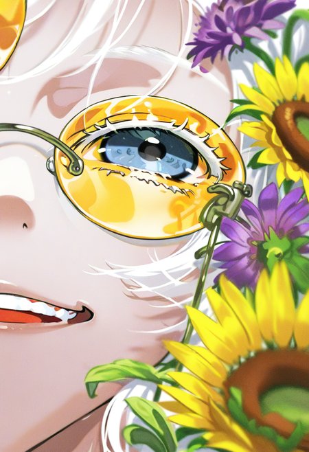 solo, flower, 1girl, white hair, looking at viewer, purple flower, blurry, sunflower, blue eyes, portrait, teeth, smile, open mouth, glasses <lora:yoneyamaiXL_NBVP1_lokr_V6311PZ:0.95>