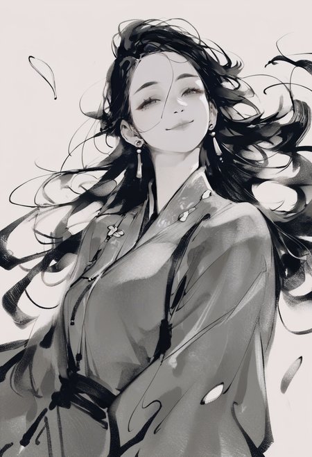 score_9, score_8_up, score_7_up, score_6_up, <lora:InkXL_P6_lokr_V43P1:0.95> monochrome, solo, long hair, black hair, 1girl, white background, long sleeves, chinese clothes, jewelry, simple background, smile, earrings, hanfu, closed mouth, looking at viewer, looking up, dress, petals