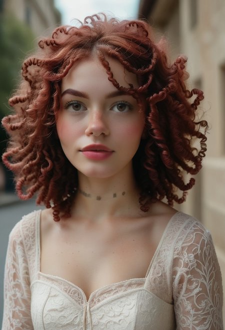 realistic, 22yo girl, shoulder-length red curly hair, brown eyes, UHD, photorealistic, best quality, masterpiece, 16K, cinematic