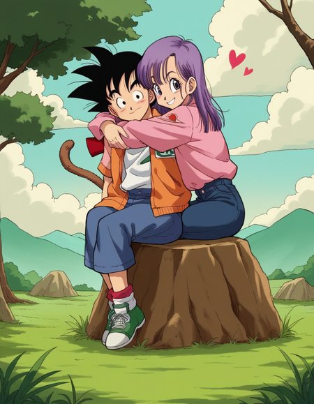 zPDXL, score_9, score_8_up, score_7_up, source_anime, 8k, absurdres, anime coloring, 1980s \(style\), retro artstyle, 
<lora:4kira_v1-1:0.8> 4kira, son goku, black hair, black eyes, bulma, purple hair, purple eyes, multiple characters, 1girl, 1boy, outdoors, smiling, happy, hugging, cute, adorable, blush, heart, outdoors, mountain, sky, cloud, grass, bush, tree, looking at viewer,
